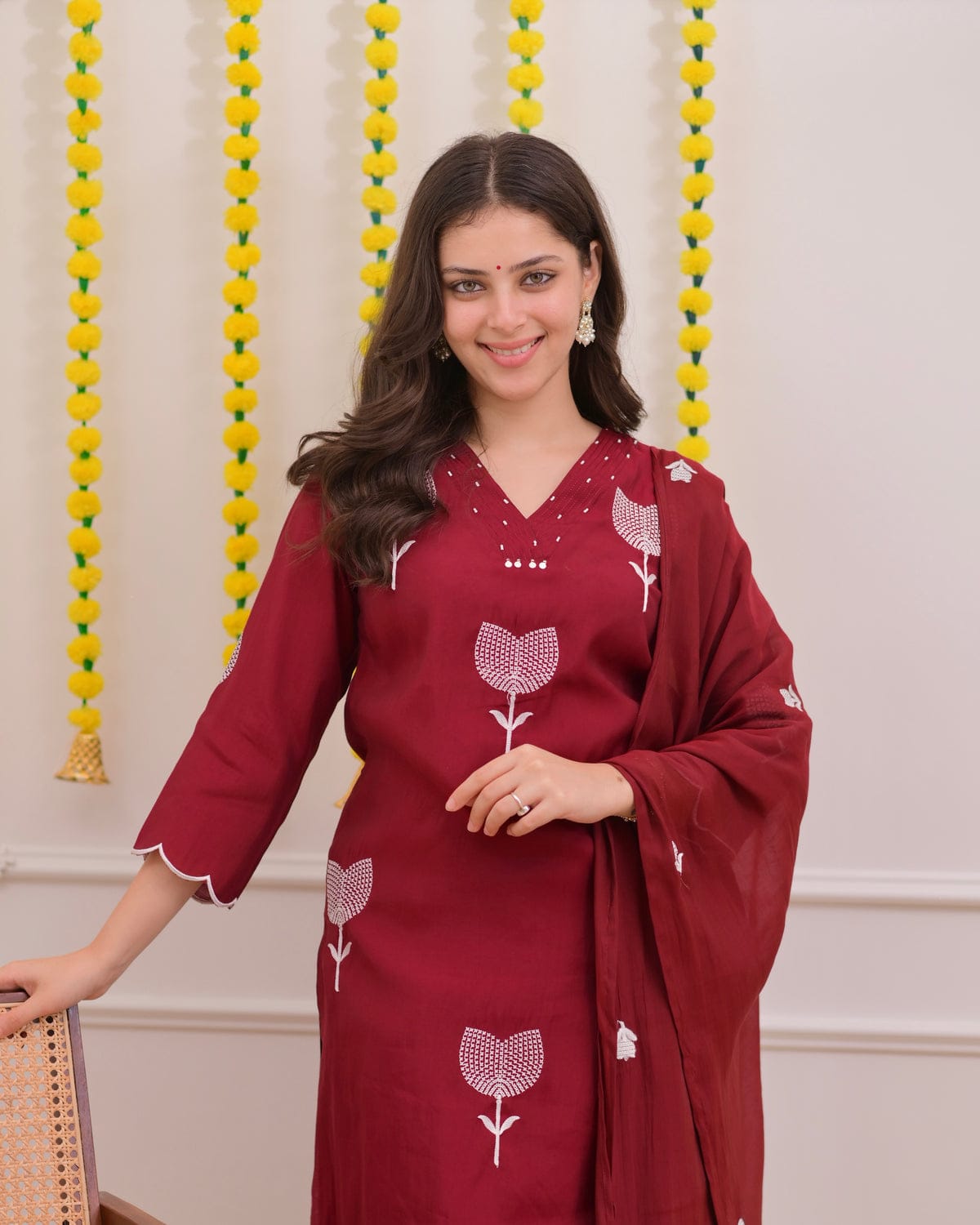 Maroon Floral Embroidered Cotton Suit Set