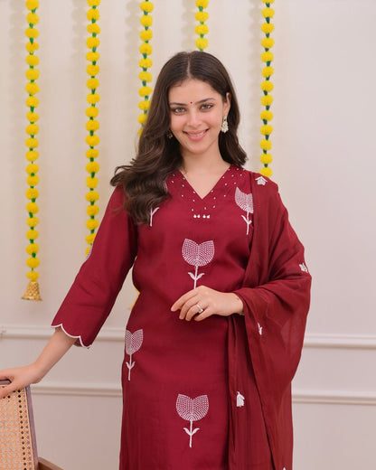 Maroon Floral Embroidered Cotton Suit Set