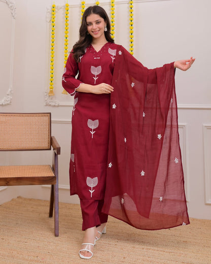 Maroon Floral Embroidered Cotton Suit Set