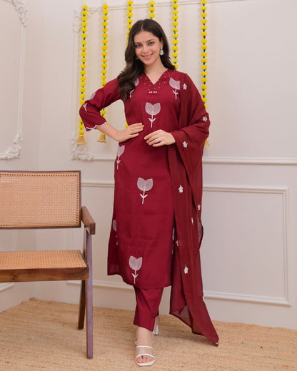 Maroon Floral Embroidered Cotton Suit Set
