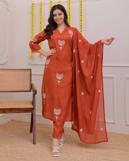 Rust Orange Floral Embroidered Cotton Suit Set