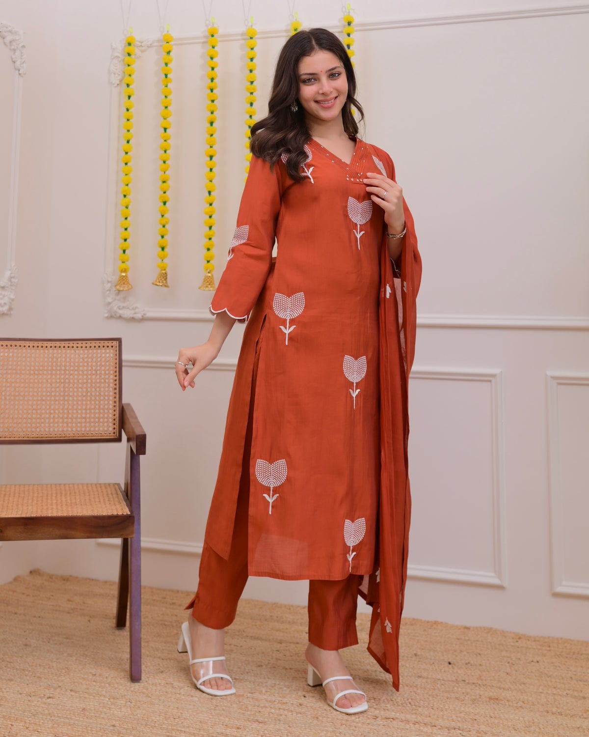 Rust Orange Floral Embroidered Cotton Suit Set