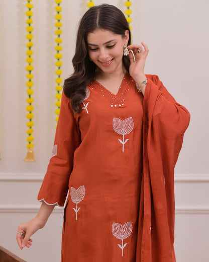 Rust Orange Floral Embroidered Cotton Suit Set