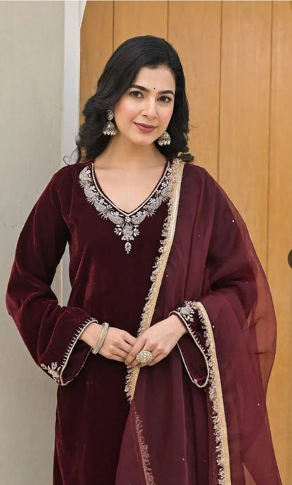 Jaipuri Elegant Maroon Velvet Suit with Embellished Dupatta