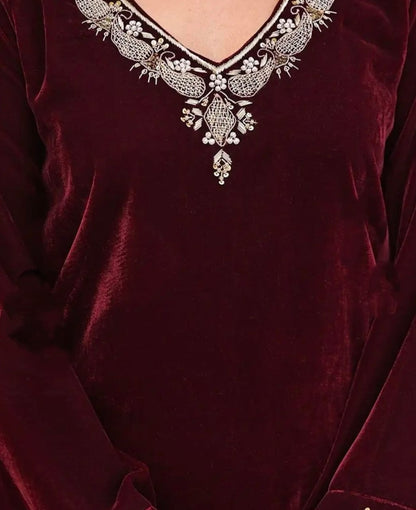 Jaipuri Elegant Maroon Velvet Suit with Embellished Dupatta