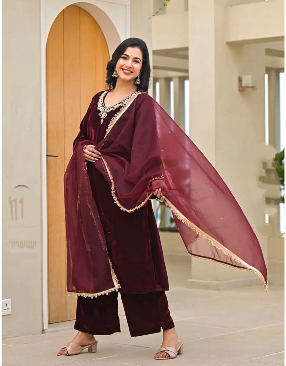 Jaipuri Elegant Maroon Velvet Suit with Embellished Dupatta
