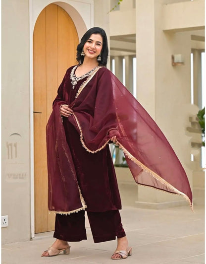 Jaipuri Elegant Maroon Velvet Suit with Embellished Dupatta