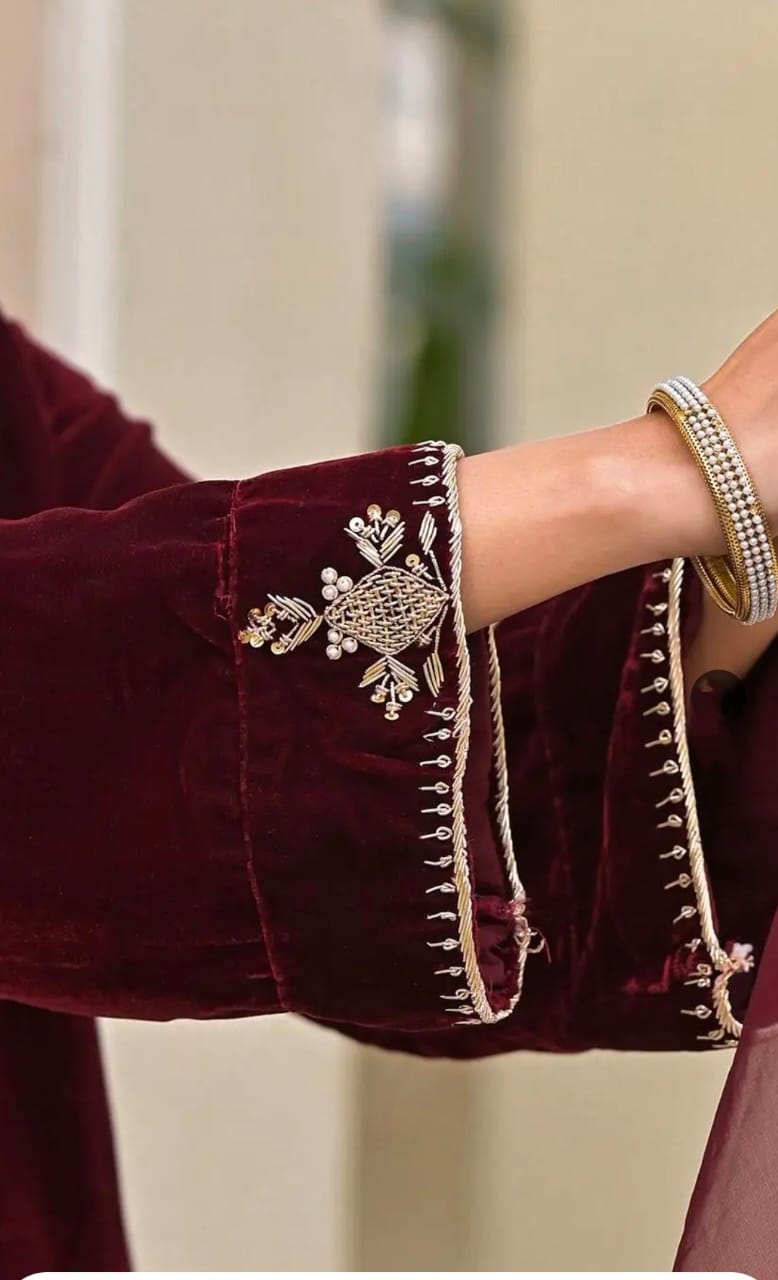 Jaipuri Elegant Maroon Velvet Suit with Embellished Dupatta