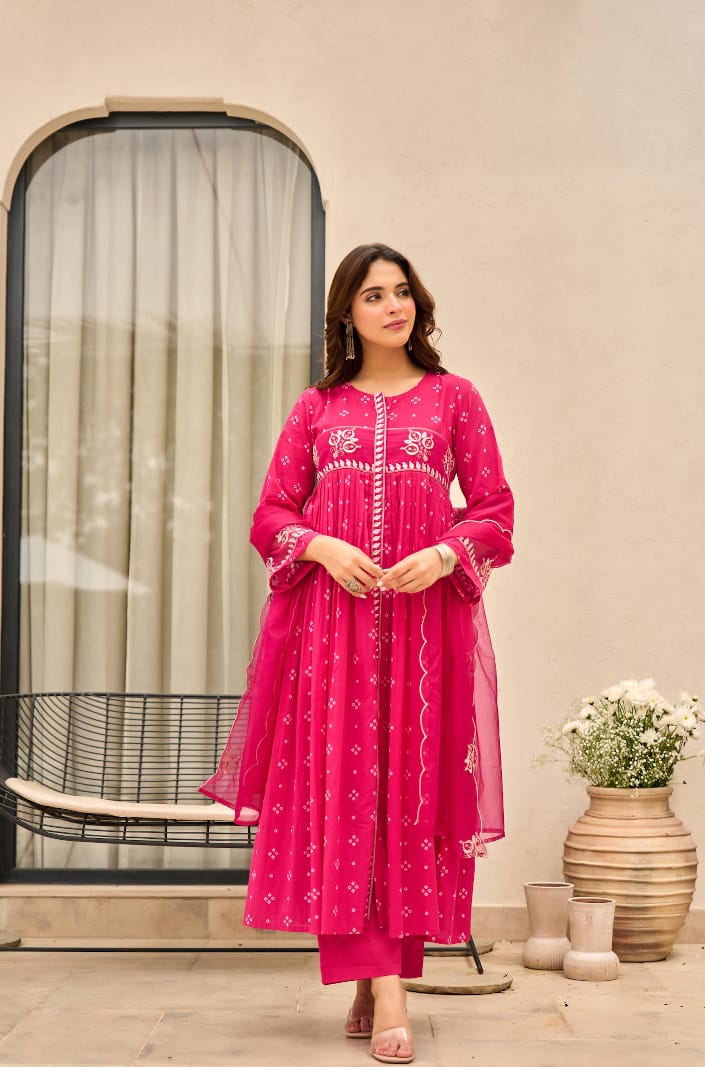 Jaipuri Fuchsia Bloom Embroidered Anarkali Set