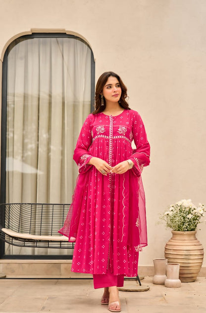 Jaipuri Fuchsia Bloom Embroidered Anarkali Set