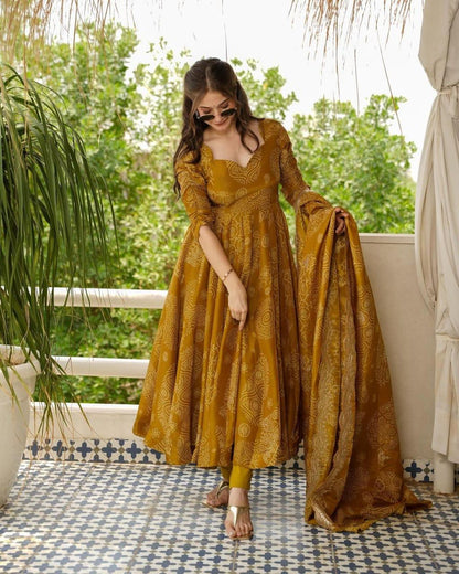 Mustard Bandhej Anarkali Suit Set with Heavy Lace Dupatta