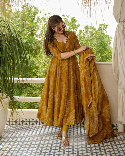 Mustard Bandhej Anarkali Suit Set with Heavy Lace Dupatta