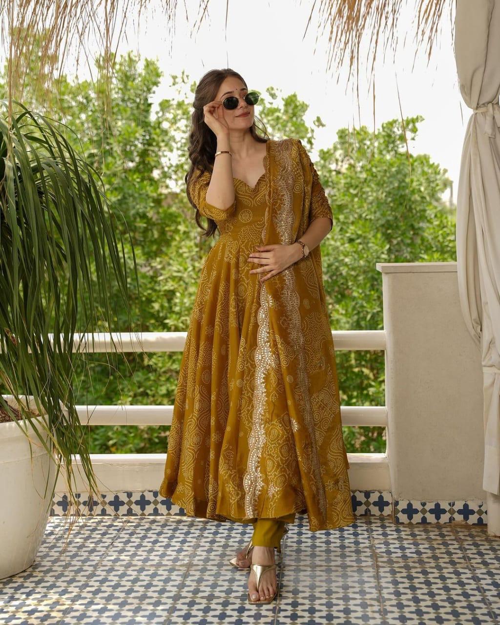 Mustard Bandhej Anarkali Suit Set with Heavy Lace Dupatta