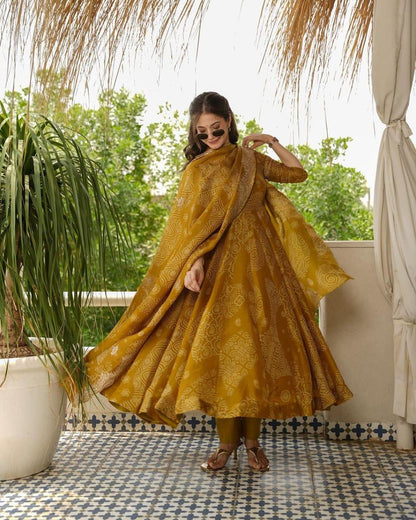 Mustard Bandhej Anarkali Suit Set with Heavy Lace Dupatta