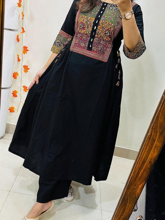 Midnight Black Embroidered Kurta Set with Multicolor Yoke