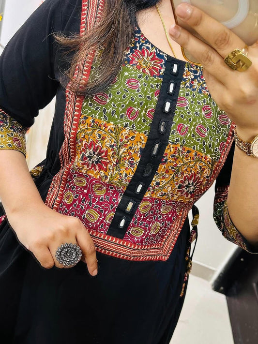 Midnight Black Embroidered Kurta Set with Multicolor Yoke