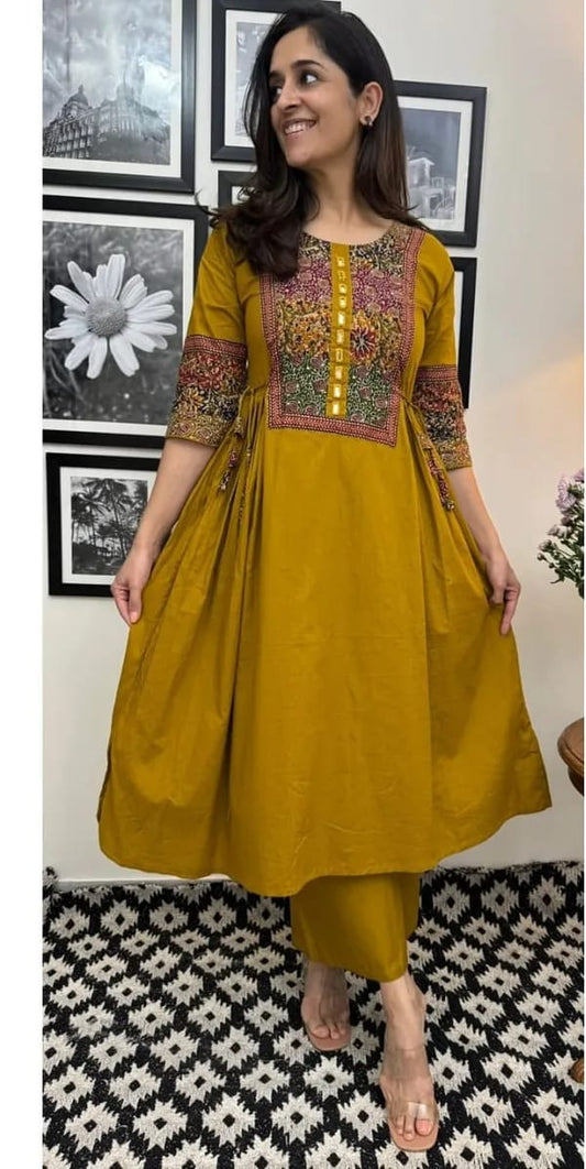 Sunlit Mustard Embroidered A-Line Kurta Set