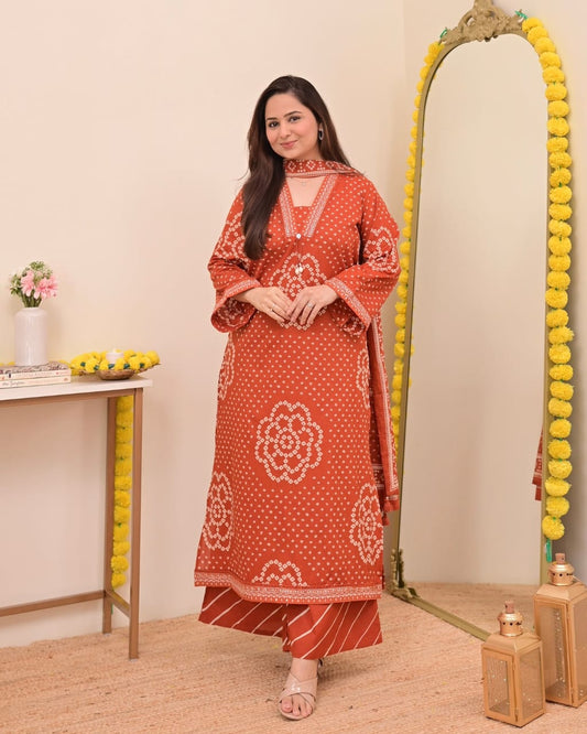 Rust Bandhani Print Kurta Set with Dupatta