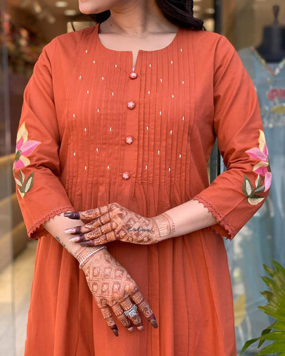 Rust Orange Floral Kurta Set with Dupatta