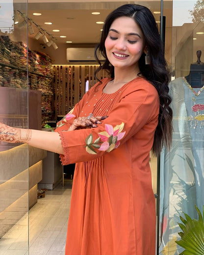 Rust Orange Floral Kurta Set with Dupatta