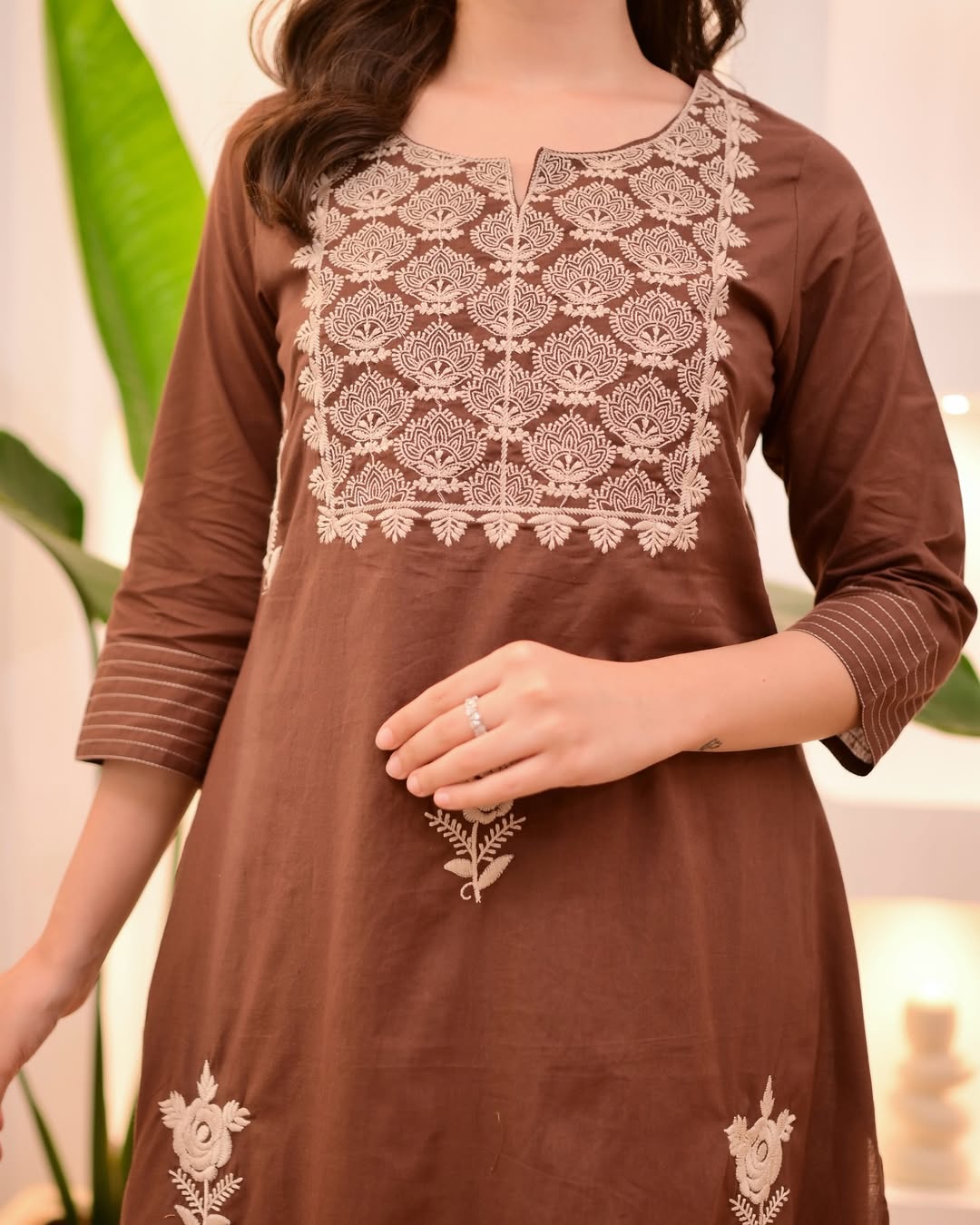 Chocolate Brown Embroidered A-Line Kurta Set with Dupatta