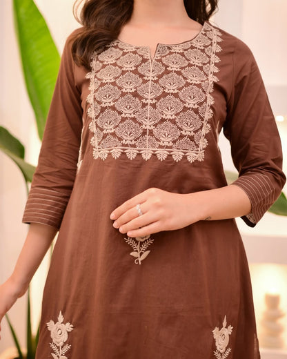 Chocolate Brown Embroidered A-Line Kurta Set with Dupatta