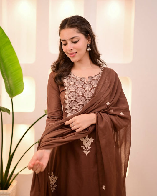 Chocolate Brown Embroidered A-Line Kurta Set with Dupatta