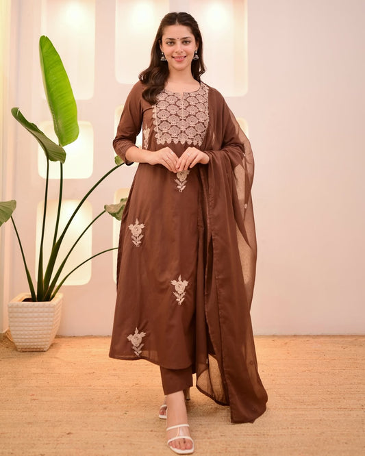 Chocolate Brown Embroidered A-Line Kurta Set with Dupatta