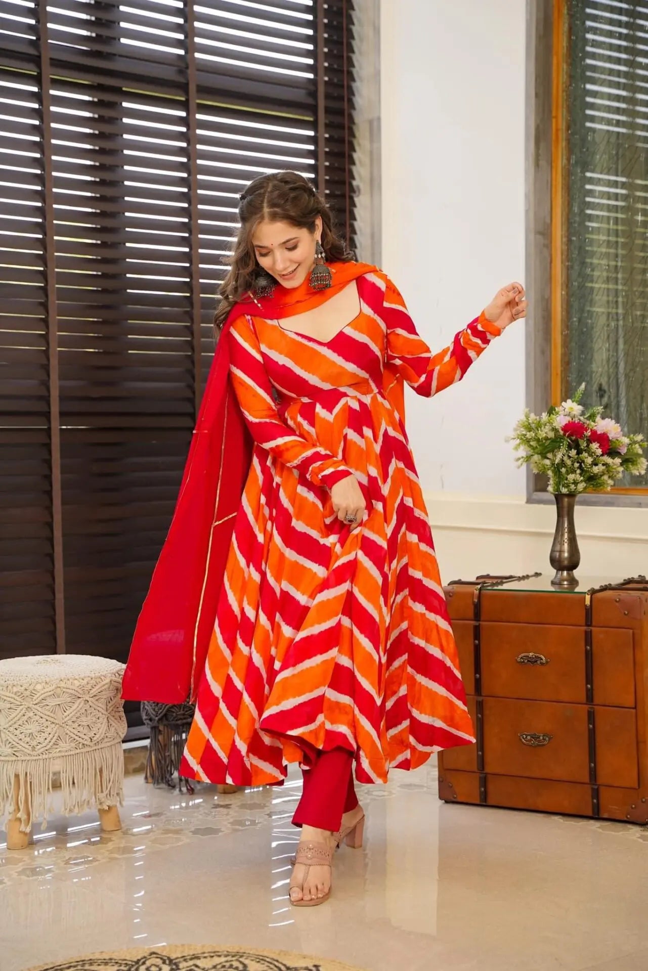 Orange Leheriya Organza Anarkali Suit Set
