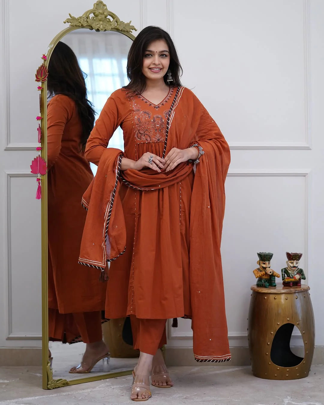 Rust Orange Embroidered Anarkali Set with Dupatta