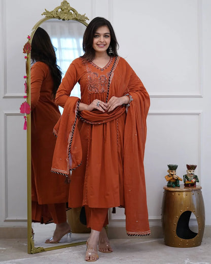 Rust Orange Embroidered Anarkali Set with Dupatta