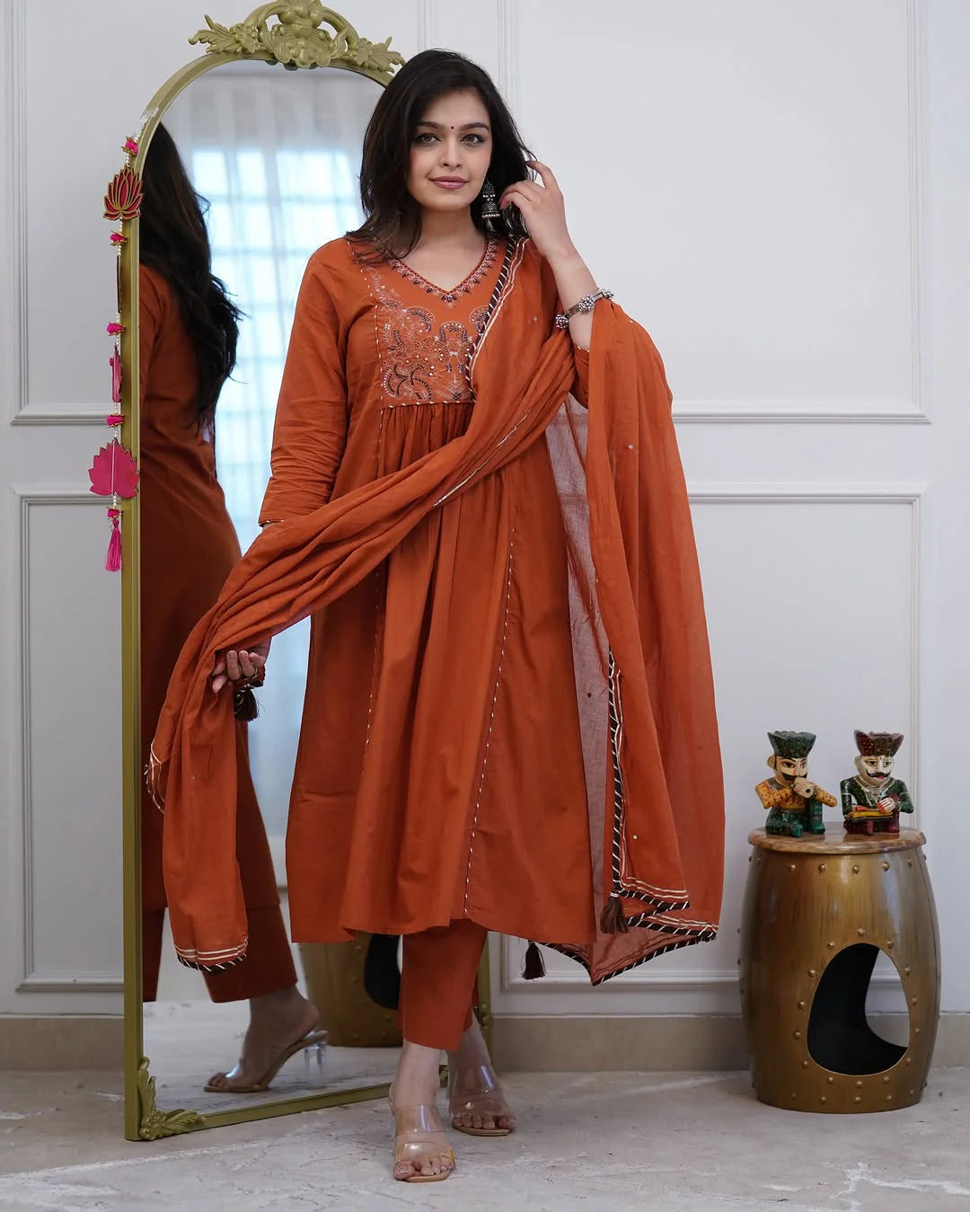 Rust Orange Embroidered Anarkali Set with Dupatta